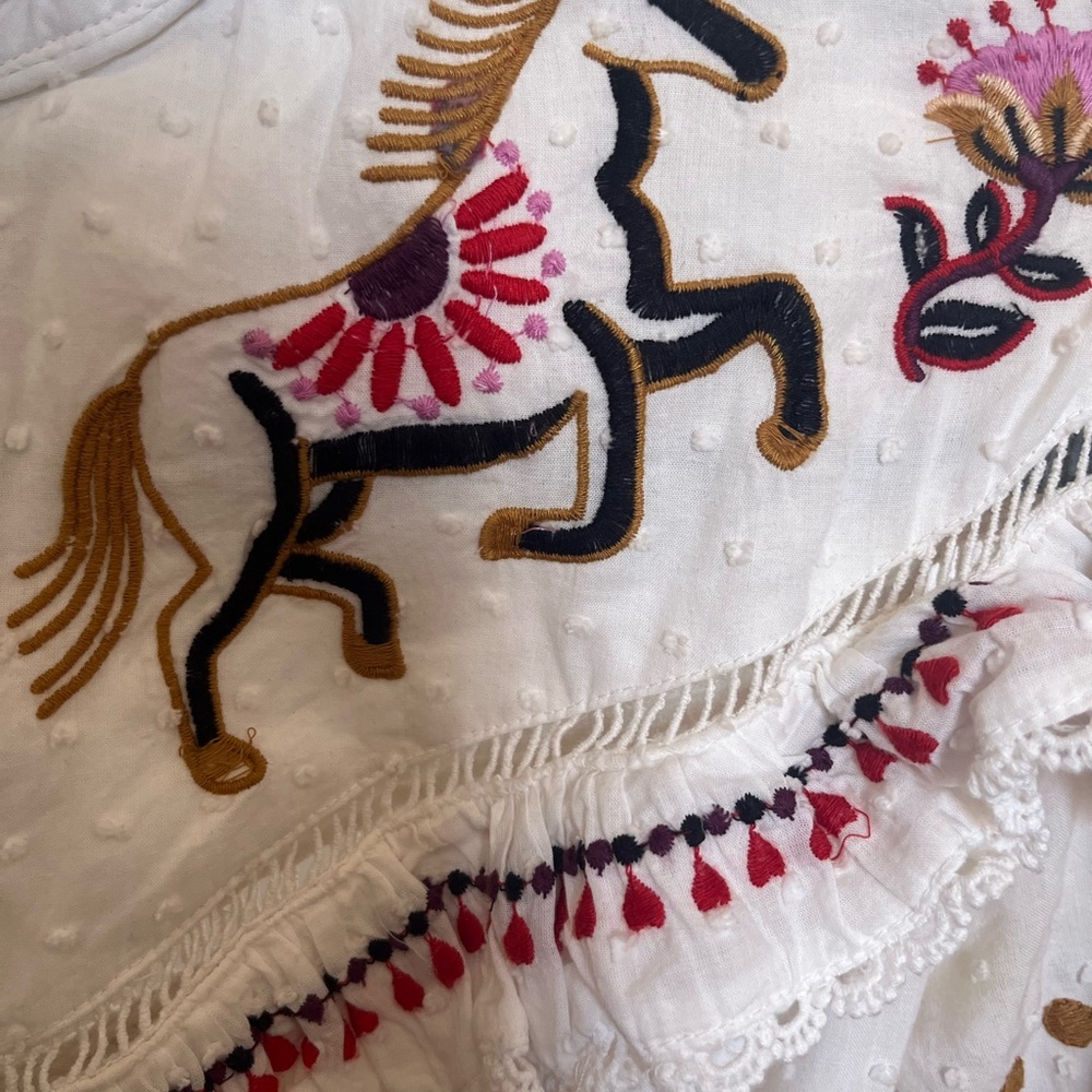FARM Rio Stitch Embroidered Horses White Ruffle Dress with Floral Accents XXS - Picture 8 of 10